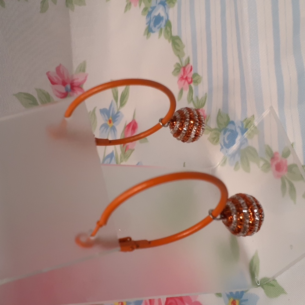 Orange Metal Hoop Pierced Earrings With Tinsel Beads